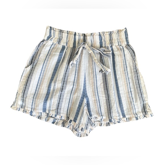 Angie Pants - Angie Cotton Elastic Waist Striped Blue & Tan Cotton Shorts